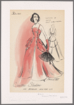 Taffeta or satin evening dress with full, floor-length skirt and decorative trimmings; self cord with roses form thin straps that plunge at back