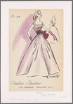Full-length evening dress with pintucked bodice, wide shoulder straps and cummerbund with bow and floral detail; full skirt accentuated with flaring pintucks