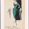 Crepe cocktail dress with shirring and button-tab decoration on bodice, open V-back and overskirt with soft hip pleats and accordion-pleated train; bolero jacket with shawl collar and button closure