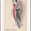 Sheath evening dress with short sleeves and pearl or covered button trim at Florentine neckline and hip pocket flaps; scarf accessory