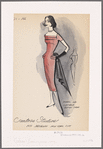Sheath evening dress with short sleeves and pearl or covered button trim at Florentine neckline and hip pocket flaps; scarf accessory