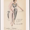 Sleeveless crepe cocktail dress with chiffon insert at neckline, front and back; longline bodice, gathers at hips and kick pleat at back