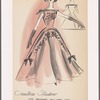 Sleeveless evening gown with full skirt and bateau neckline with contrast trim forming ties at shoulders; trim and ties and bodice decorations repeat on skirt