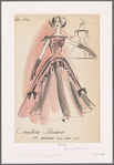 Sleeveless evening gown with full skirt and bateau neckline with contrast trim forming ties at shoulders; trim and ties and bodice decorations repeat on skirt