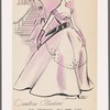 Evening gown with full skirt, waist sash and bow and Florentine neckline that forms V at back; scallop-edged yoke and cap sleeves; scallop-edged overskirt with repeat of bodice decoration