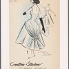 Sleeveless evening gown with bateau neckline, bare back and full skirt with dipping hemline; panels of overskirt tied at back with bow