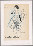Sleeveless evening gown with bateau neckline, bare back and full skirt with dipping hemline; panels of overskirt tied at back with bow