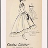 Chiffon evening gown with Florentine neckline set off with double rows of shirring and velvet ribbon piping and bows; dipping hemline with ruffle and matching piping