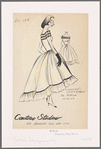 Chiffon evening gown with Florentine neckline set off with double rows of shirring and velvet ribbon piping and bows; dipping hemline with ruffle and matching piping