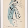 Sleeveless cocktail dress with straps, thin bowed belt and full skirt; sunburst of accordion pleats on bodice