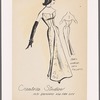 Strapless evening dress with boned bodice and front panel that widens into fullness; full-length opera gloves