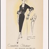 Cocktail dress with square neckline front and back, decorative bodice shirring and Empire waistline with cummerbund; monkey fur or ostrich trim on sleeves; slim darted skirt