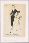 Cocktail dress with square neckline front and back, decorative bodice shirring and Empire waistline with cummerbund; monkey fur or ostrich trim on sleeves; slim darted skirt