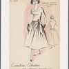Evening dress with off-the-shoulder neckline vareuse blouse over pleated skirt with large bow and ornamental pin at waist.  