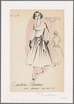 Evening dress with off-the-shoulder neckline vareuse blouse over pleated skirt with large bow and ornamental pin at waist.  