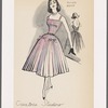 Evening dress with camisole-neckline tucked bodice, small belt at waist, pleated skirt,  decorative bows on back of bodice and on skirt in front near waistline.  