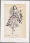 Evening dress with camisole-neckline tucked bodice, small belt at waist, pleated skirt,  decorative bows on back of bodice and on skirt in front near waistline.  