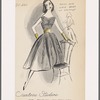 Evening dress with open-backed V-neck Sabrina neckline bodice, wide skirt with sash at waist, both accented with lace bands and tucking on some surfaces.  