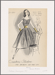 Evening dress with open-backed V-neck Sabrina neckline bodice, wide skirt with sash at waist, both accented with lace bands and tucking on some surfaces.  