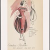 Open back evening dress has rounded train attached behind at waist and knees, decorative contrasting band with central brooch at top of bodice which matches fastenings of train.    