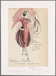 Open back evening dress has rounded train attached behind at waist and knees, decorative contrasting band with central brooch at top of bodice which matches fastenings of train.    