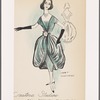Evening dress with plunging v-neckline has balloon skirt with flower-ornamented sash at waist; decorative ribbon trim continues from hem of skirt up front of dress to neckline. 