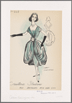 Evening dress with plunging v-neckline has balloon skirt with flower-ornamented sash at waist; decorative ribbon trim continues from hem of skirt up front of dress to neckline. 