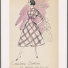 Plaid fabric evening dress with wide, knee-length skirt, jewel neckline, ribbon-and-bow trim on bodice which matches neck.  