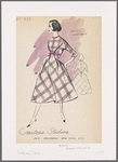 Plaid fabric evening dress with wide, knee-length skirt, jewel neckline, ribbon-and-bow trim on bodice which matches neck.  