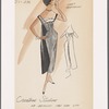 Gray "tuxedo inspired" evening dress with combination strapless/camisole neckline, bow ornaments on bodice, and cape-like fabric panel with contrasting darker lining attached at shoulder level in back 