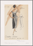 Gray "tuxedo inspired" evening dress with combination strapless/camisole neckline, bow ornaments on bodice, and cape-like fabric panel with contrasting darker lining attached at shoulder level in back 