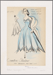 Open-back strapless evening dress has wide skirt with sharply-pointed godets, lace trim on bodice and hem.  