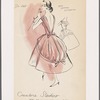 Open back pink evening dress has cowl collar, wide skirt with material in back loosely gathered between top and bottom ribbons to create a "bustle" effect.   
