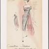 Gray sheath evening dress with plunging scalloped V-neck has matching chiffon modesty panel and long back train of contrasting smocked pink fabric.