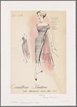 Gray sheath evening dress with plunging scalloped V-neck has matching chiffon modesty panel and long back train of contrasting smocked pink fabric.