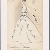 White halter top evening dress with wide, full-length skirt featuring a top layer of fabric tied back with ribbons in the front into scalloped rows; bodice  decorated with a similar use of ribbons.   
