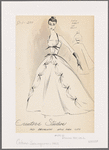 White halter top evening dress with wide, full-length skirt featuring a top layer of fabric tied back with ribbons in the front into scalloped rows; bodice  decorated with a similar use of ribbons.   
