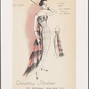Sheath-style evening dress with spaghetti-strap camisole neckline and long, fringed chiffon train in contrasting color; top end of train is pulled through slits in bodice like a sash. 