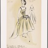 Evening dress is ruched on bodice, midriff and drop-waist, has asymmetrical skirt (longer in back); black trim on stomacher-like mid-section matches straps on camisole neckline.  