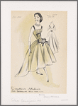 Evening dress is ruched on bodice, midriff and drop-waist, has asymmetrical skirt (longer in back); black trim on stomacher-like mid-section matches straps on camisole neckline.  