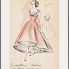 Evening dress has rounded décolleté neckline and wide full-length skirt; collar, bosom and petticoat-style lining of skirt all of val lace.  