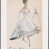 Sleeveless evening gown with Florentine neckline and scooped back; gored skirt with fabric drape across front; dipped hemline