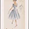 Chiffon cocktail dress with cowl neckline and gored skirt; gathered sleeves with satin trim and bow; trim continues down sides of dress to hip bows