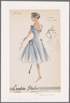 Chiffon cocktail dress with cowl neckline and gored skirt; gathered sleeves with satin trim and bow; trim continues down sides of dress to hip bows