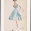 Short-sleeved cocktail dress with sweetheart neckline and bubble hem; fabric band across bust with bow decoration; inverted pleats at hem with repeat bow decoration