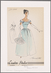 Evening gown with contrast cap sleeves and square neckline that falls to deep V back; floral trim and bows along neckline; inverted pleats on skirt front and back