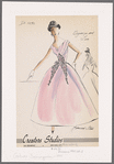 Sleeveless organza and lace evening gown with V neckline at front and back and pleated bodice; inset lace at midriff and down front of gored skirt