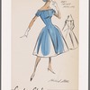 Short-sleeved cocktail dress with gored skirt and keyhole at front and back bodice; tiny self bows frame neckline and sleeve