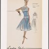 Sleeveless chiffon cocktail dress with bands of heavy trim at neckline, mid-bodice and dropped waist; accordion pleats on bodice and skirt; fitted midriff