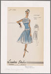 Sleeveless chiffon cocktail dress with bands of heavy trim at neckline, mid-bodice and dropped waist; accordion pleats on bodice and skirt; fitted midriff